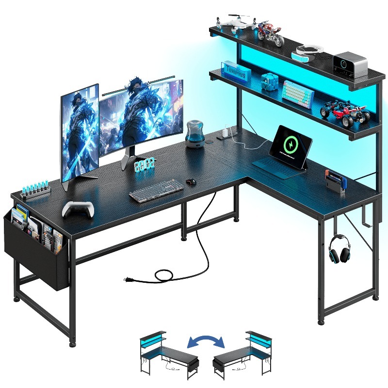 Office Furniture Outlet - Черный угловой компьютерный стол с розеткой,
